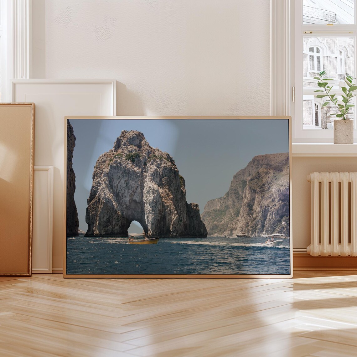 Capri Faraglioni Rock Arch with Boats Vintage Italy Coast Poster - Image 2