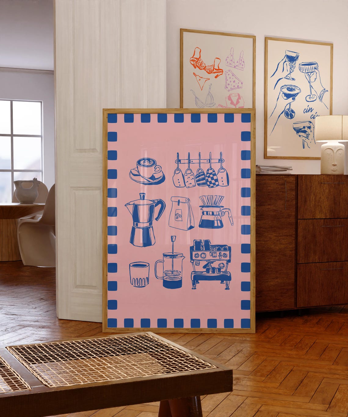Blue Coffee Icons on Pink Checkered Border Kitchen Art Poster - Image 2