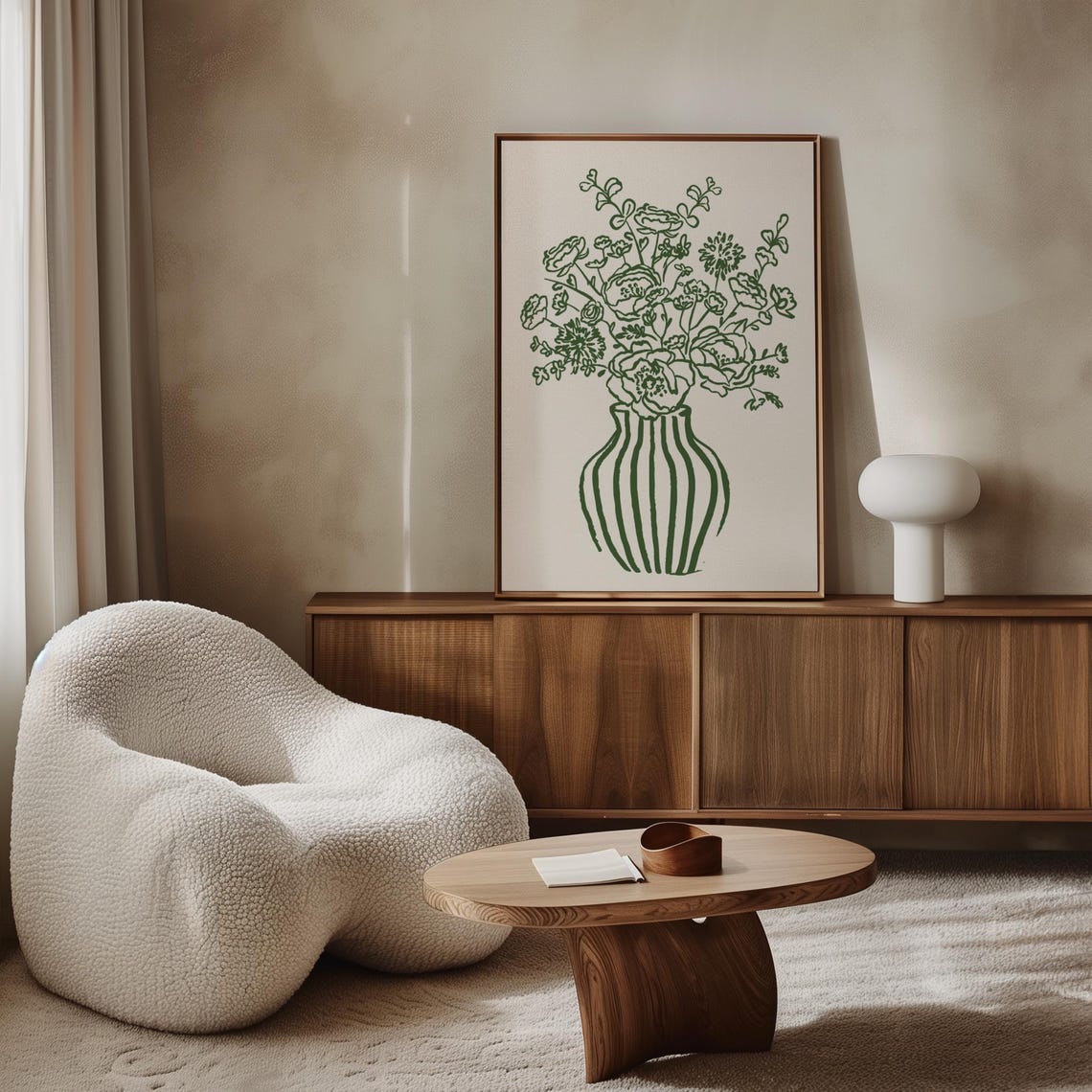 Green Line Art Flowers In Striped Vase Botanical Minimal Wall Poster - Image 4