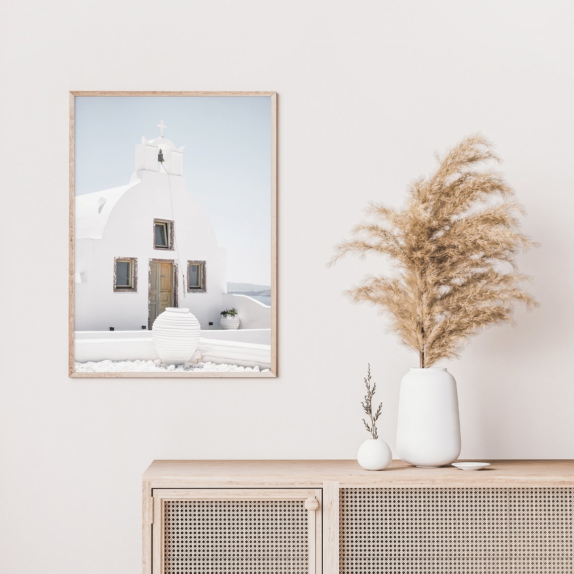 White Greek Island Church With Bell Tower And Clay Pots Poster - Image 2