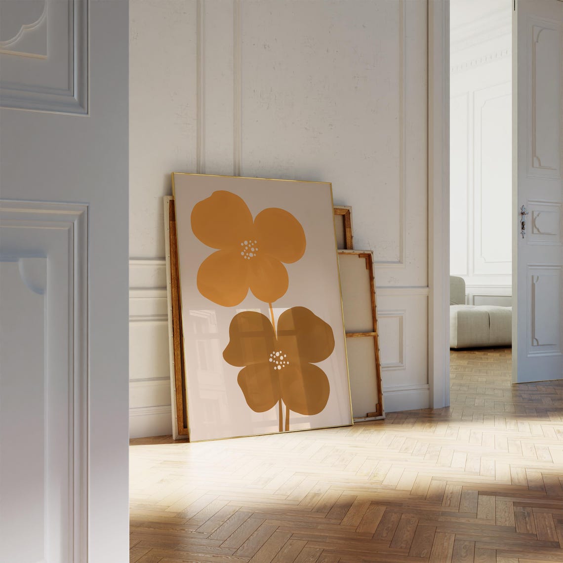 Retro Mustard Flower Pair Mid Century Modern Abstract Wall Art - Image 5