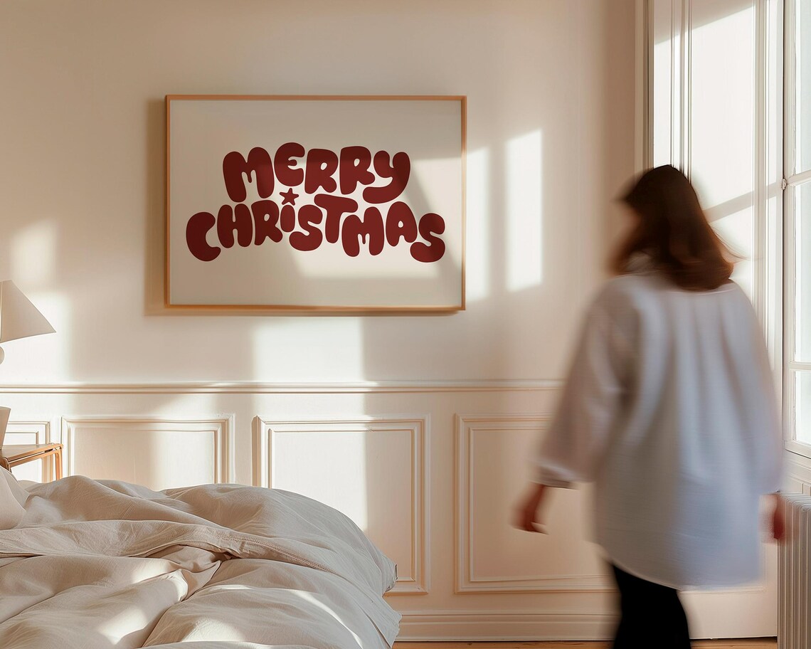 Retro Merry Christmas Bubble Letter Cream Minimalist Holiday Poster - Image 3
