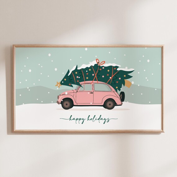 Happy Holidays Pink Vintage Car Christmas Tree Winter Art Poster