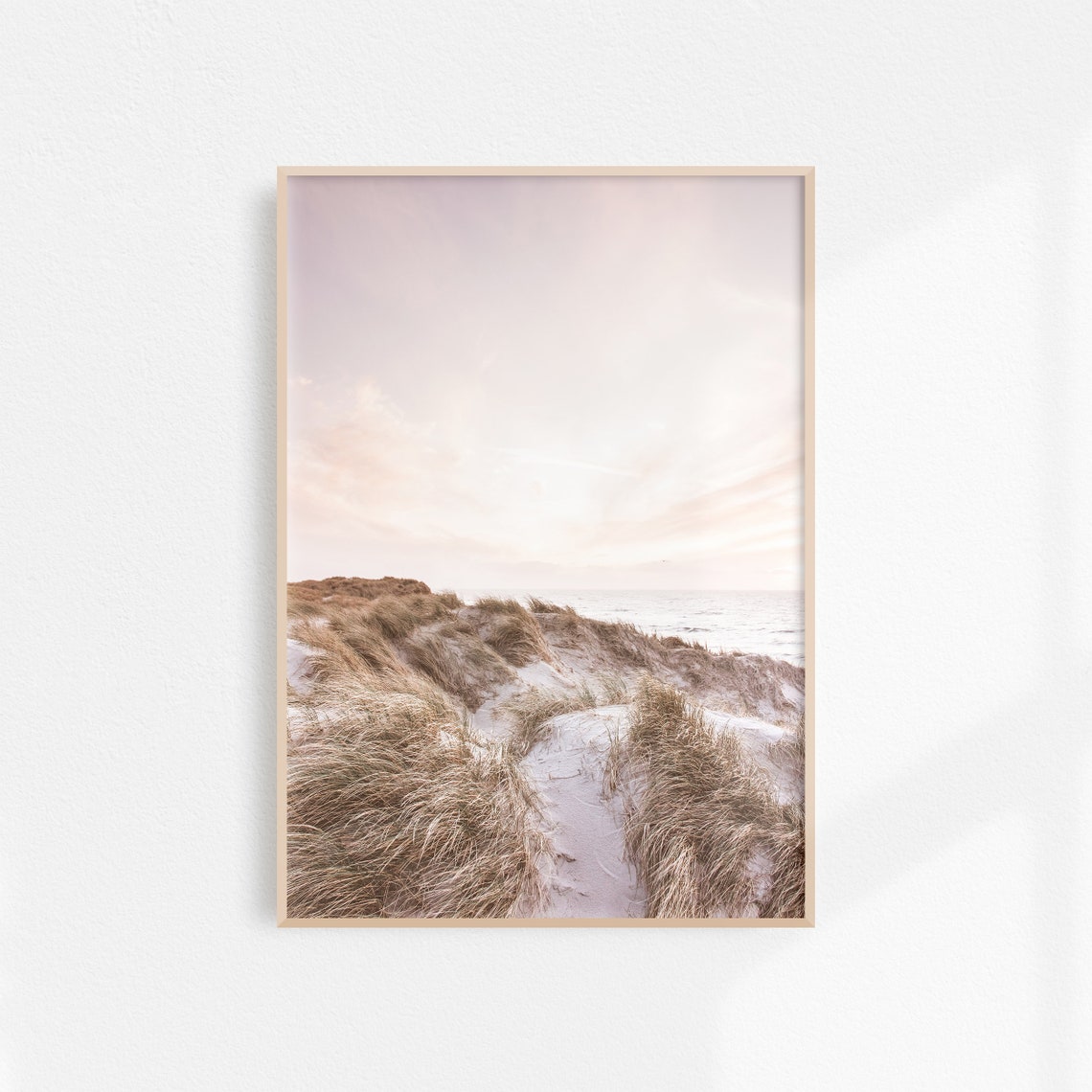 Sand Dunes with Beach Grass Under a Pastel Sunset Sky Poster