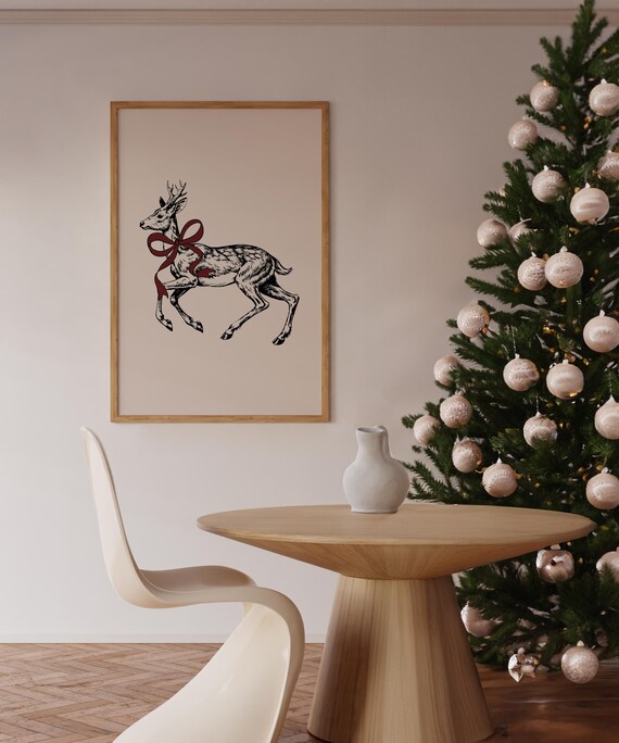 Vintage Reindeer Red Bow Engraving Style Neutral Holiday Poster
