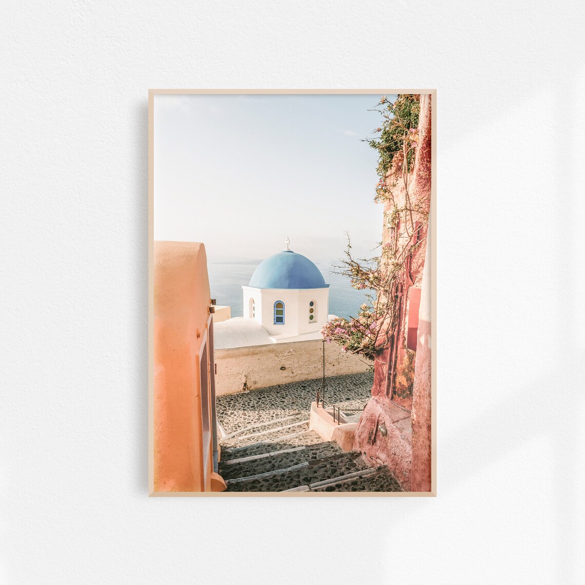 Blue Dome Church Seen From Old Stone Steps Oia Santorini Poster