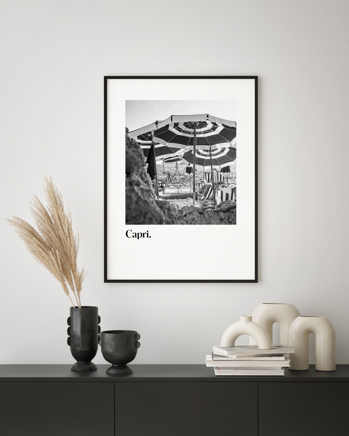 Capri Beach Striped Umbrellas Black White Italy Travel Poster - Image 2