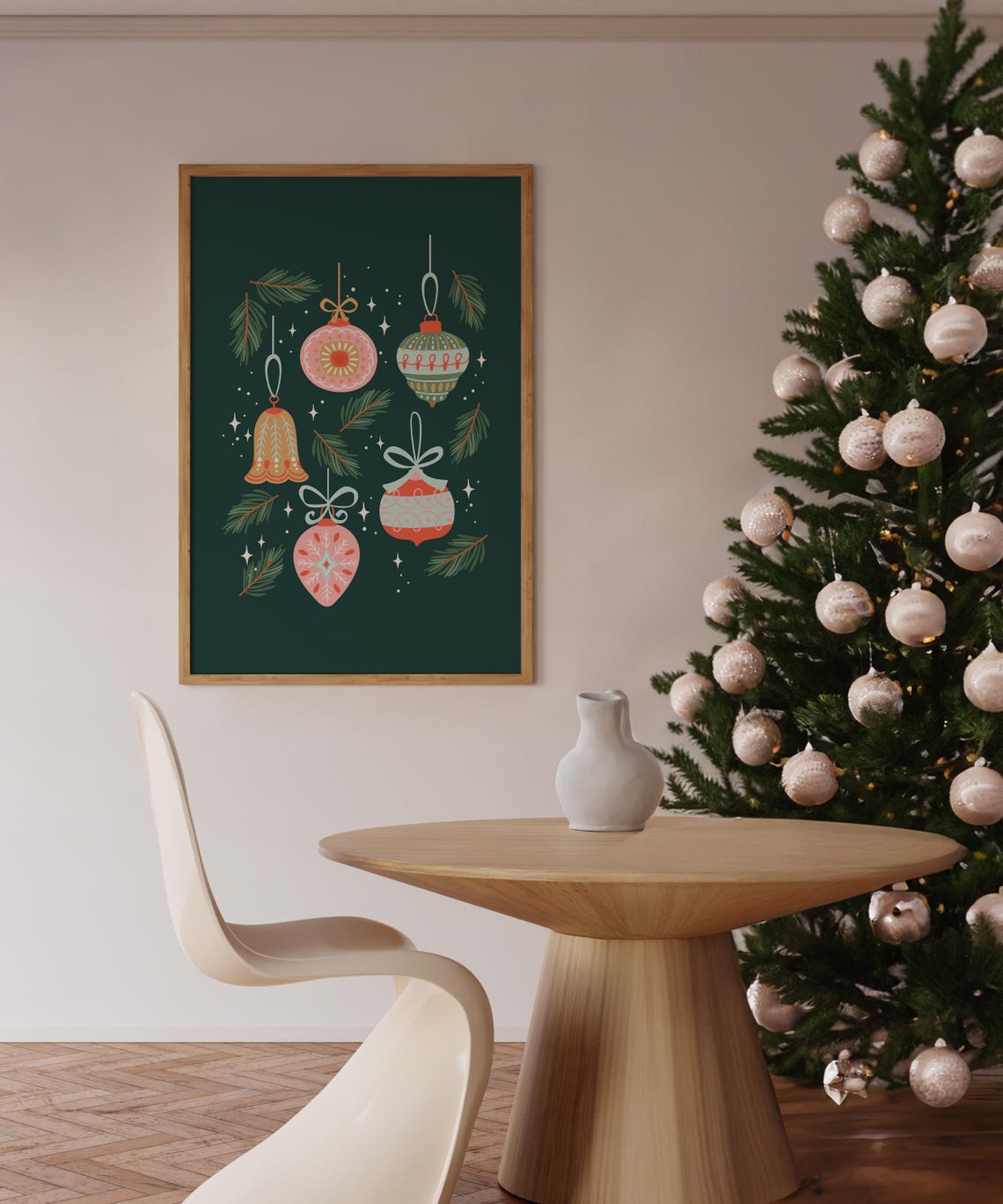 Retro Christmas Ornaments on Deep Forest Green Holiday Art Poster - Image 3