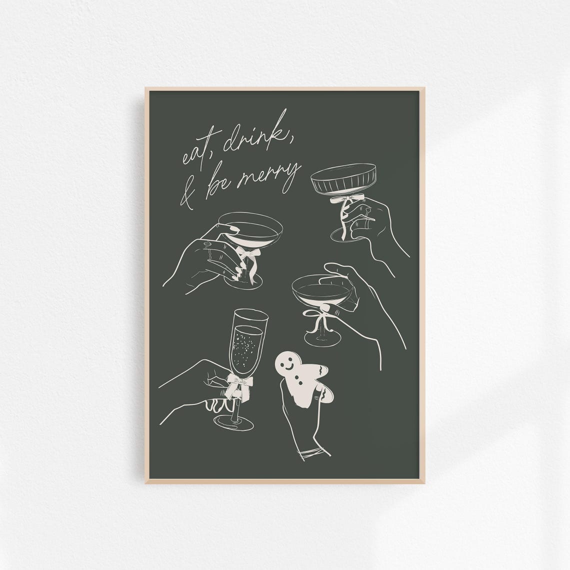 Eat Drink And Be Merry Charcoal Line Art Cocktail Toast Poster - Image 5