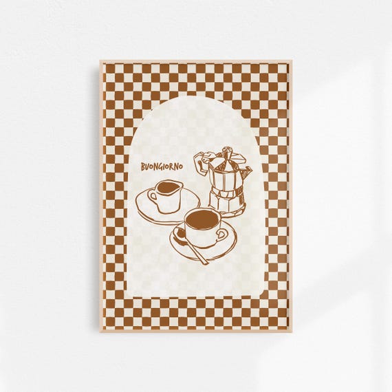 Brown Checkered Poster Coffee Art Retro Kitchen Wall Art Brown Coffee Poster Buongiorno Print Moka Pot Art Aesthetic Wall Art