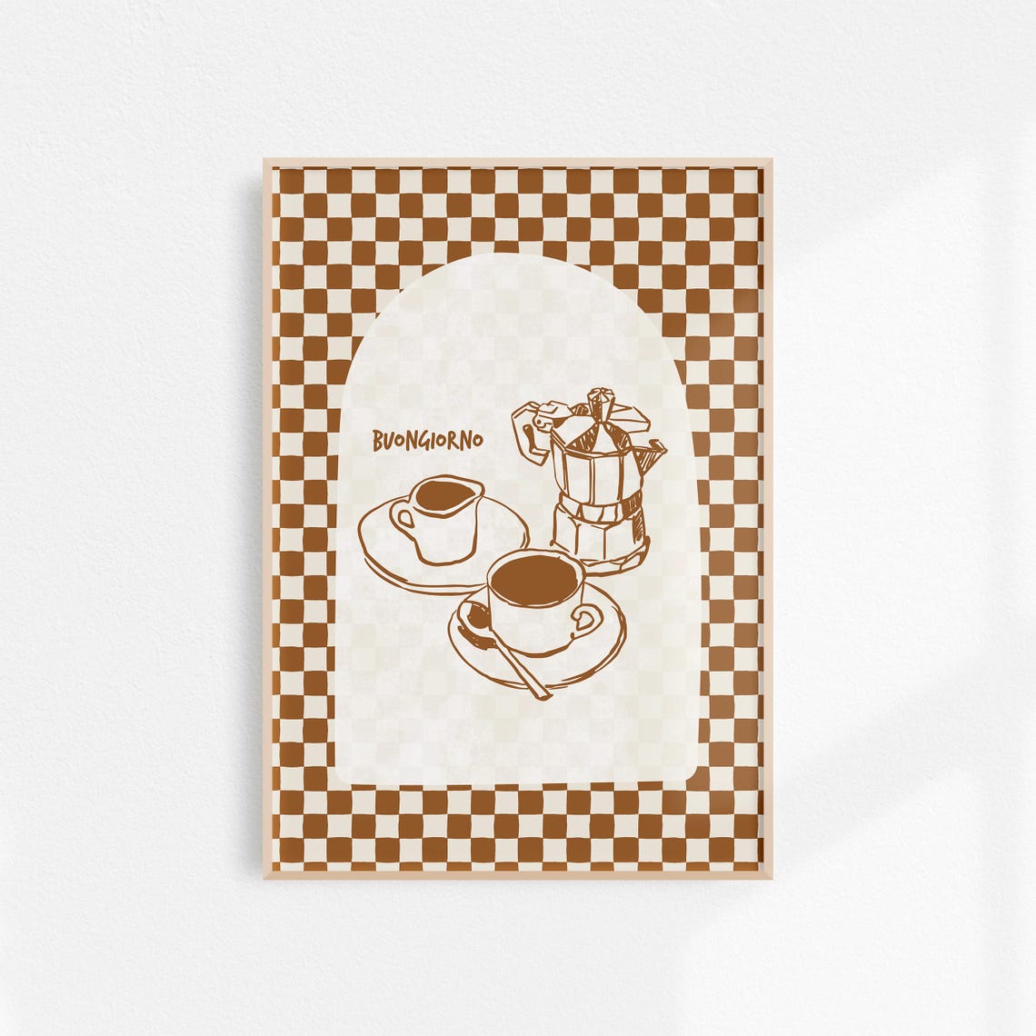 Buongiorno Moka Pot Espresso Cups Brown Checkered Kitchen Poster