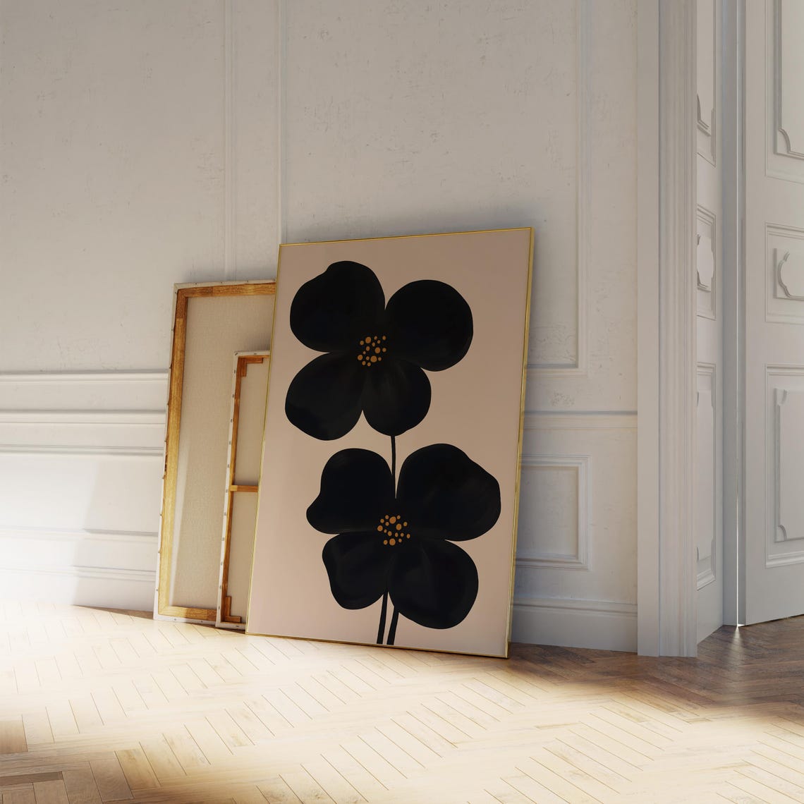 Black And Beige Retro Flower Abstract Botanical Japandi Wall Art - Image 3