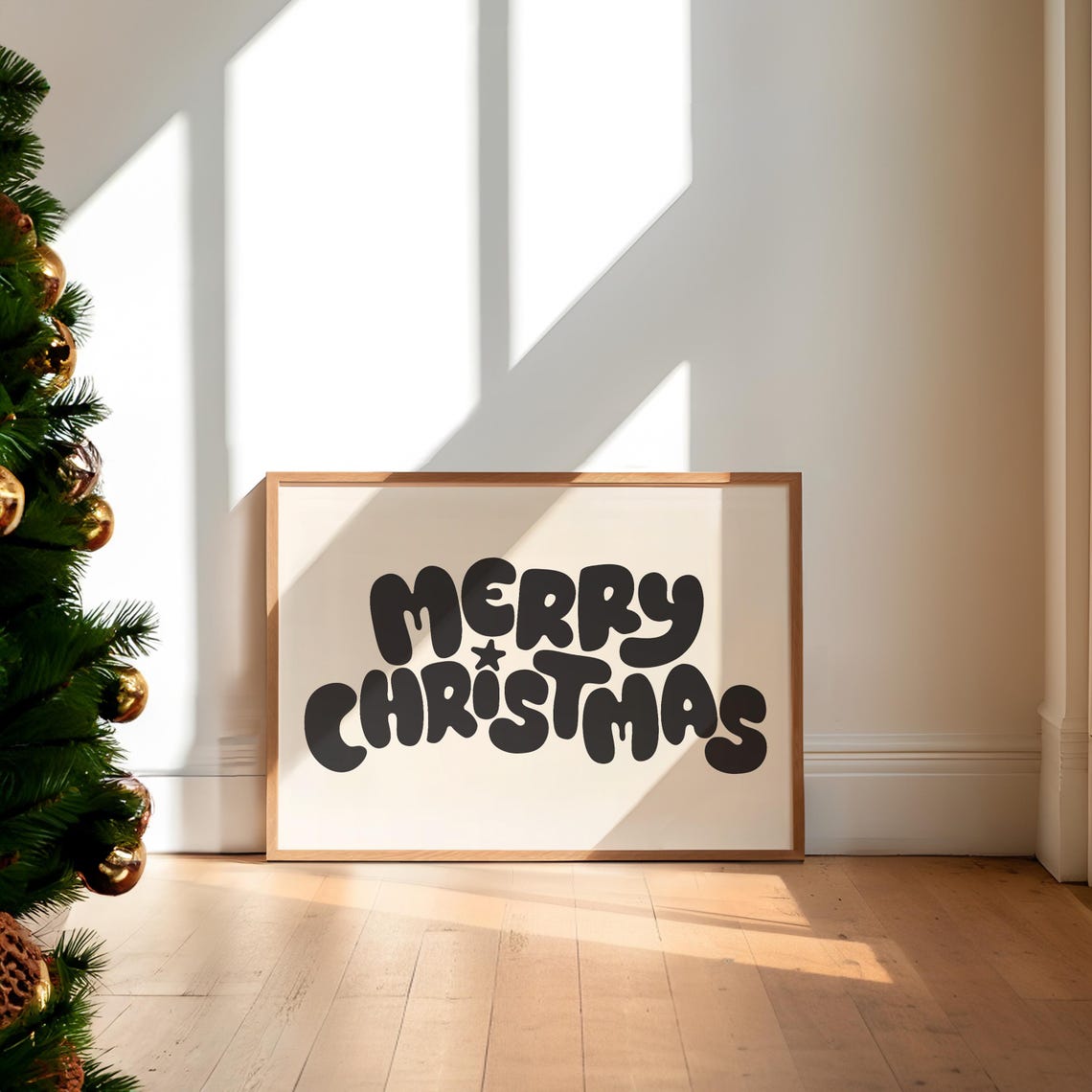 Merry Christmas Charcoal Bubble Letters Cream Holiday Art Poster - Image 6