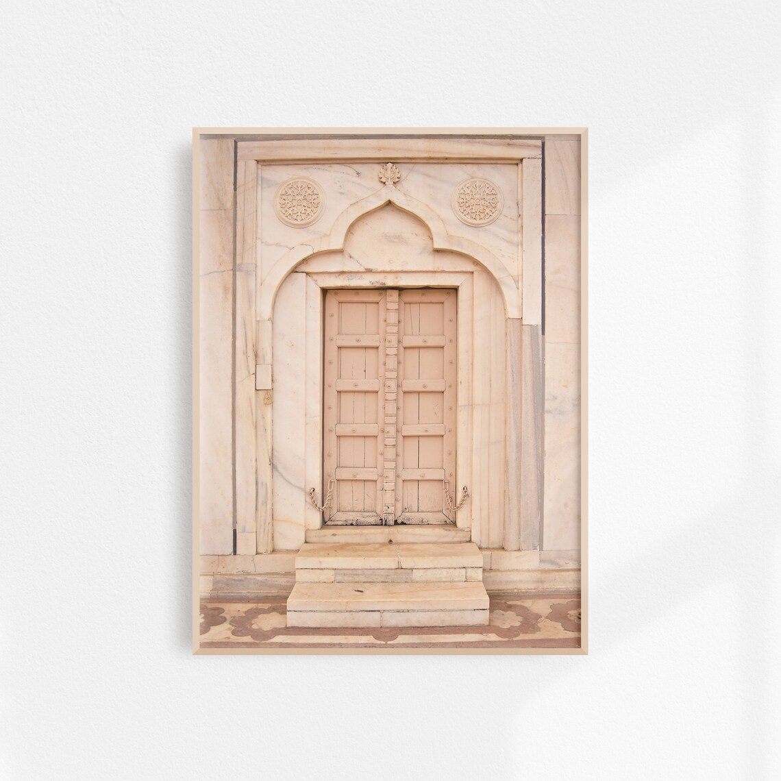 Ornate Marble Doorway with Pink Wooden Doors in Morocco Poster