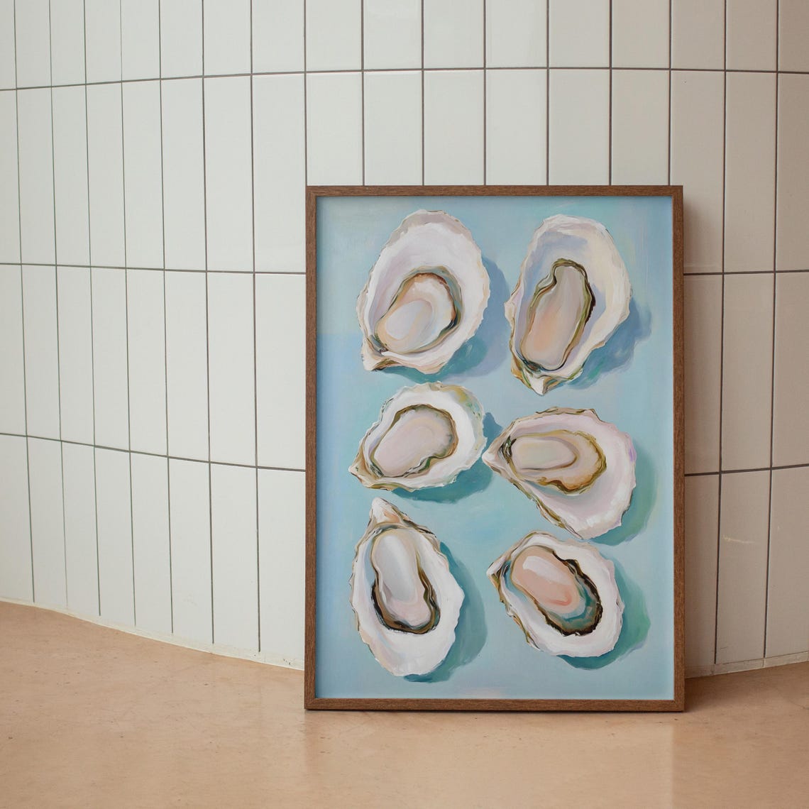Six Pastel Oyster Shells Painting Blue Kitchen Coastal Poster - Image 3