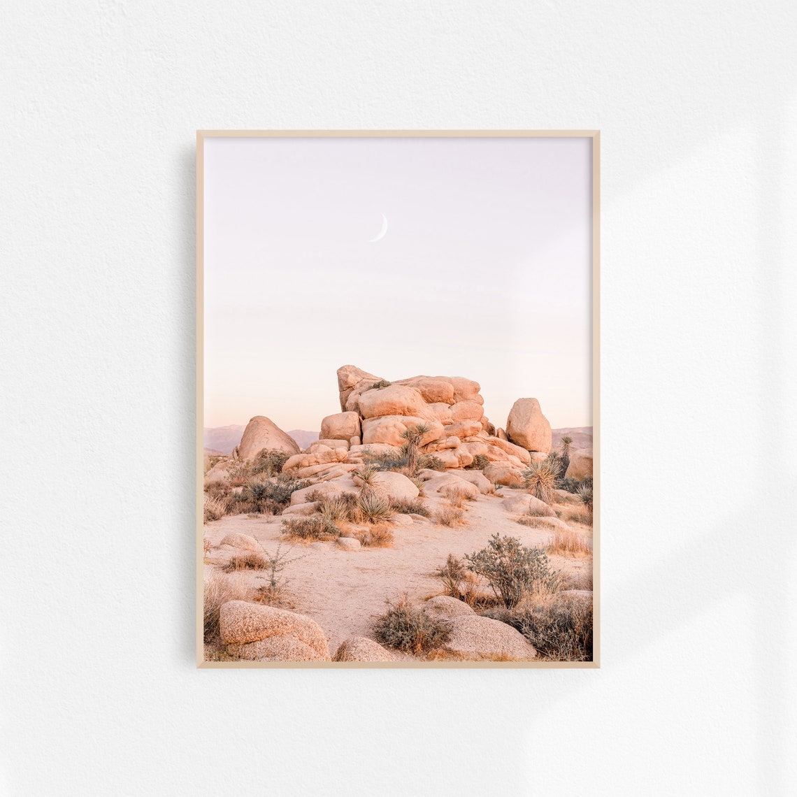 Joshua Tree Boulders Under a Crescent Moon at Desert Dusk Poster