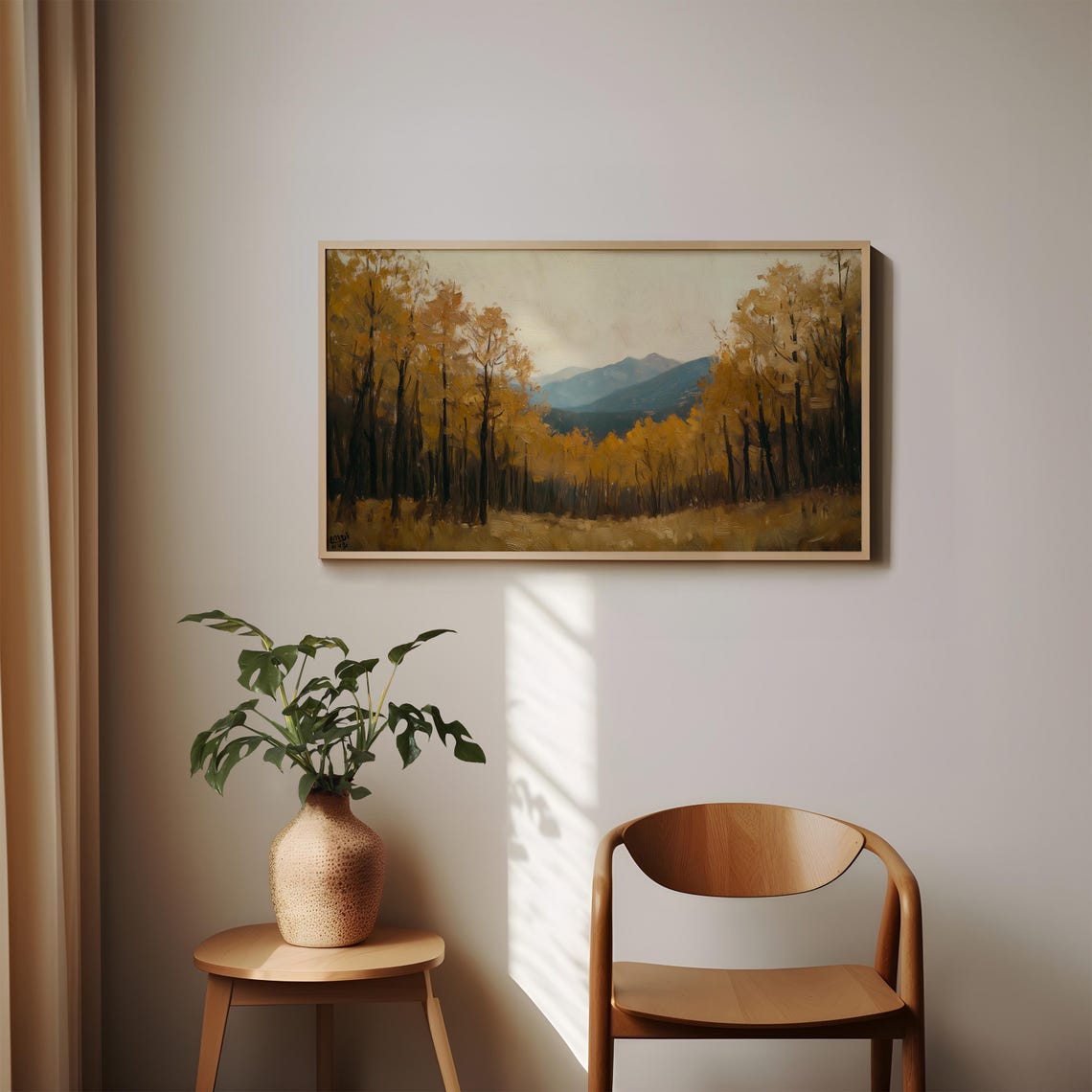 Golden Fall Trees Framing Blue Mountain Range Landscape Poster - Image 2