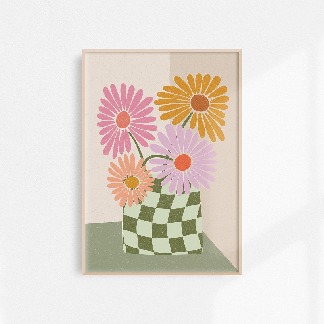 Pastel Daisies In Green Checkered Vase Danish Floral Art Poster