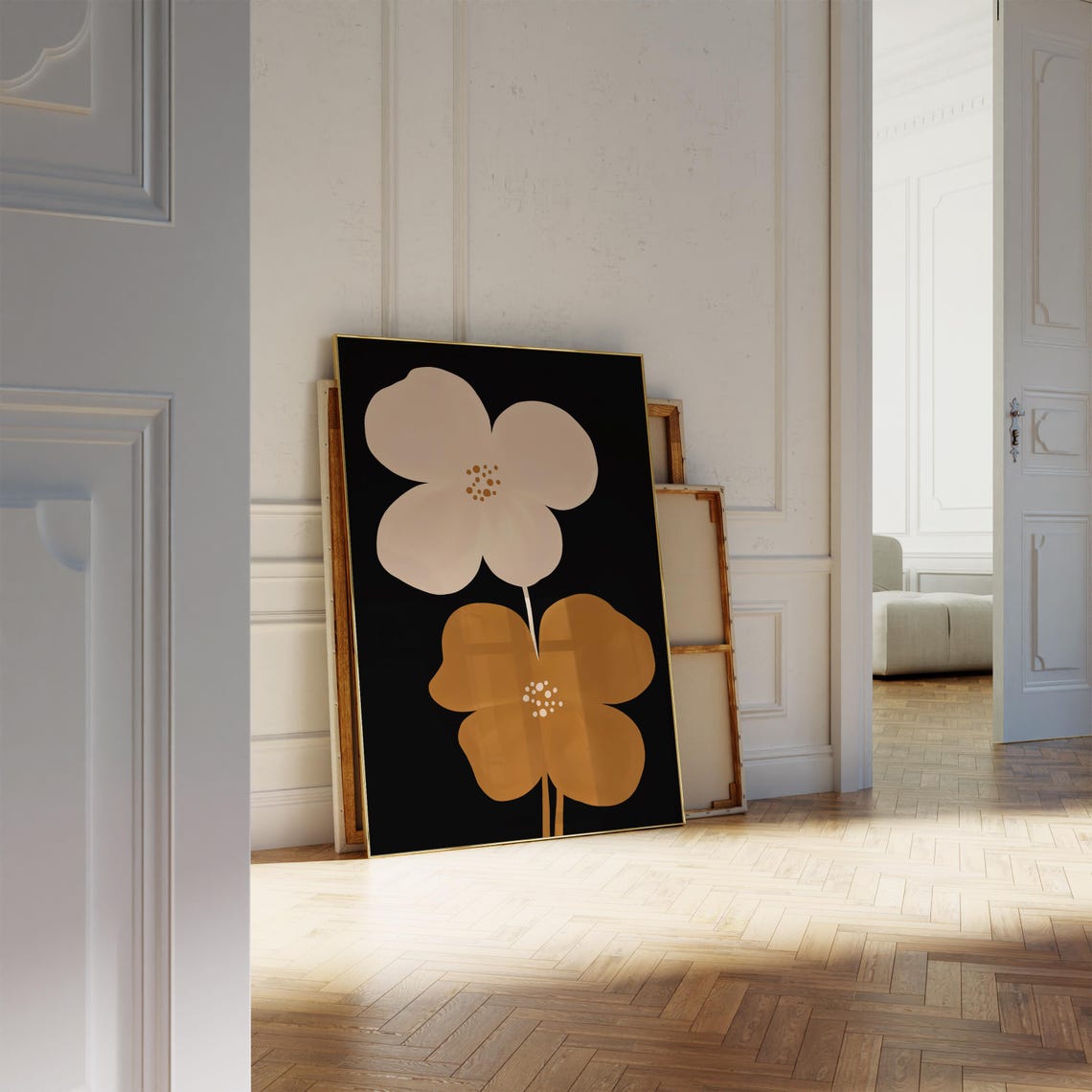 Oversized Blush Mustard Flowers Black Background Moody Floral Poster - Image 5