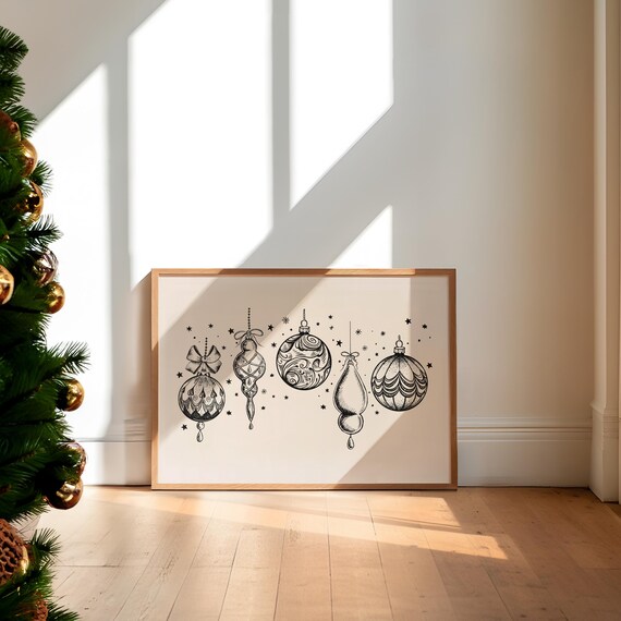 Black Ink Christmas Ornaments Line Drawing Elegant Holiday Poster