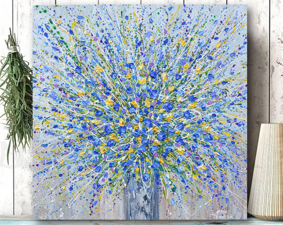 Blue Yellow Flower Bouquet Abstract Vase Splatter Colorful Art Poster