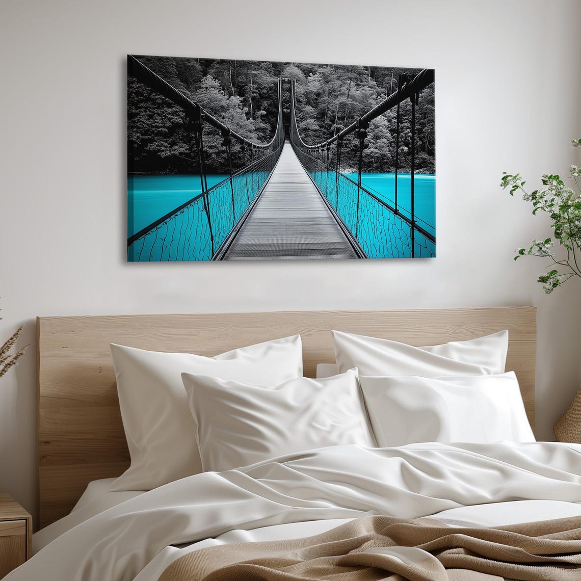 Suspension Bridge Over Turquoise Water Forest Monochrome Travel Poster - Image 6