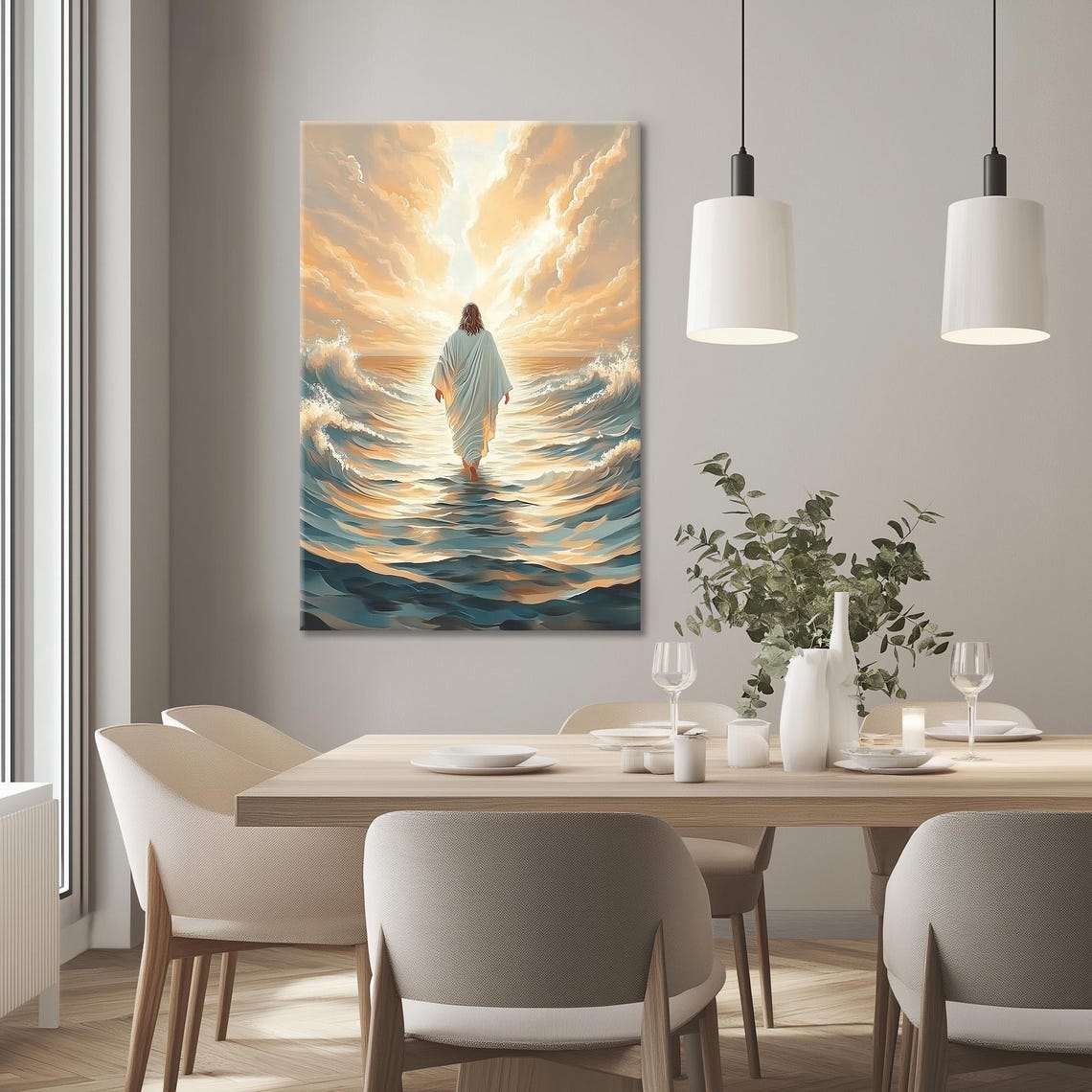 Jesus Walking On Rolling Blue Waves Toward Golden Sunrise Poster - Image 3