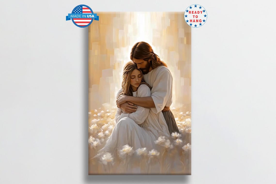 Jesus Embracing Seated Woman In Sunlit Wheat Flower Field Poster - Image 7