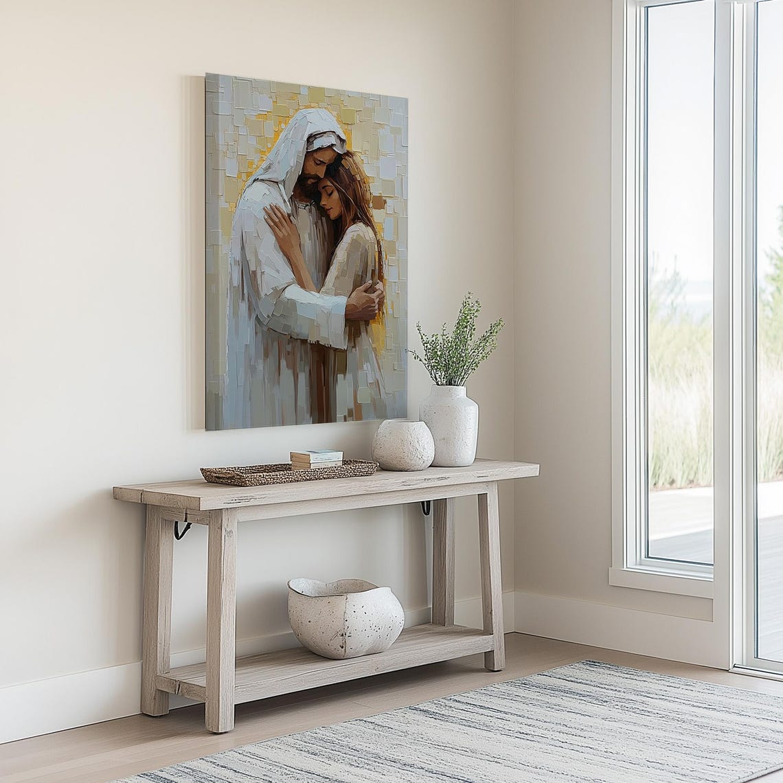 Jesus Embracing Woman Closeup In Textured Palette Knife Poster - Image 2