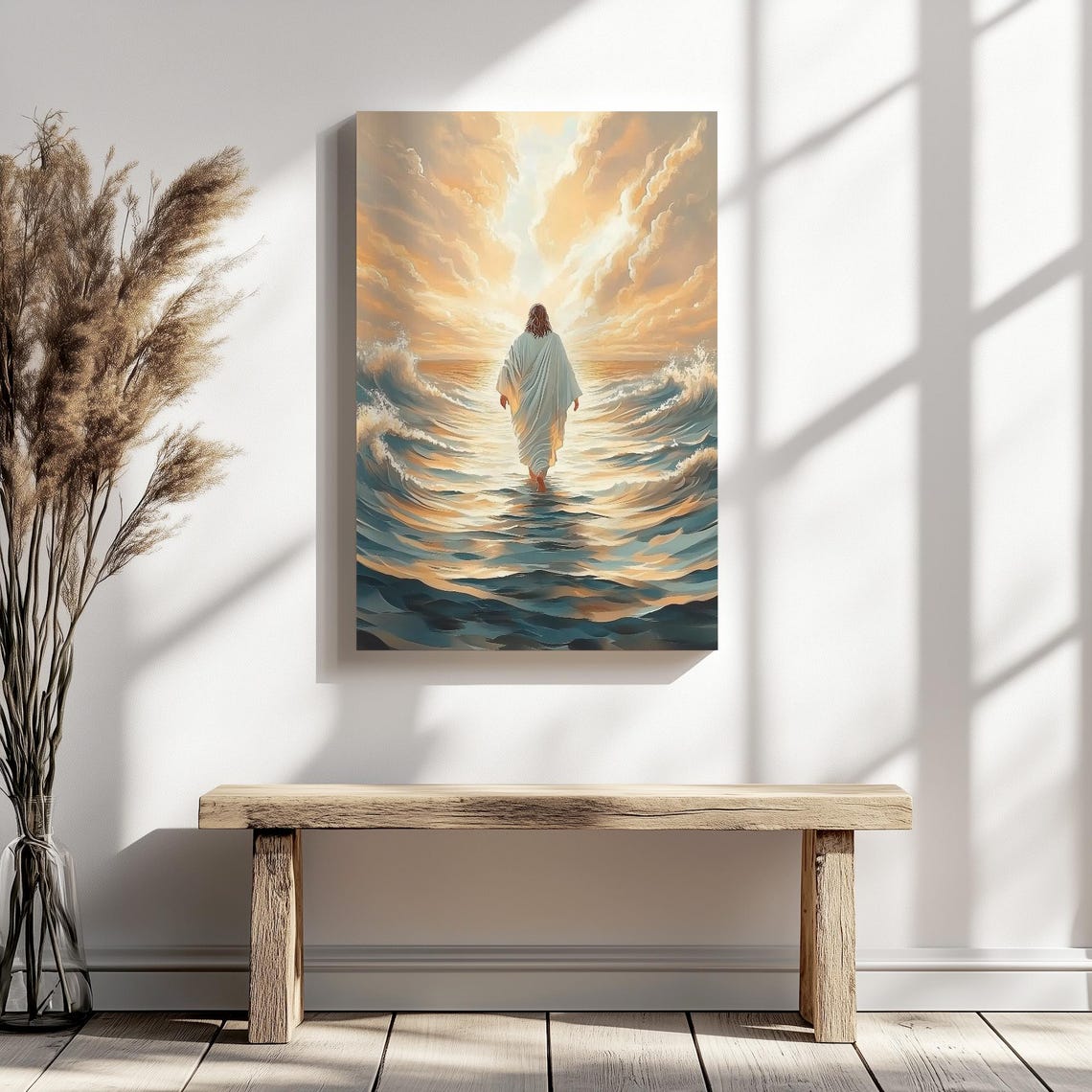 Jesus Walking On Rolling Blue Waves Toward Golden Sunrise Poster - Image 5