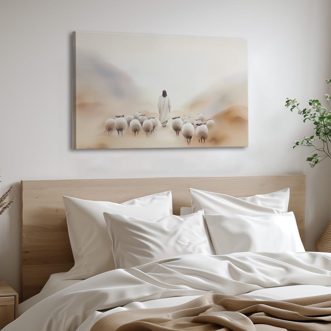 Jesus Walking With Sheep Flock In Misty Minimalist Watercolor Poster - Image 5