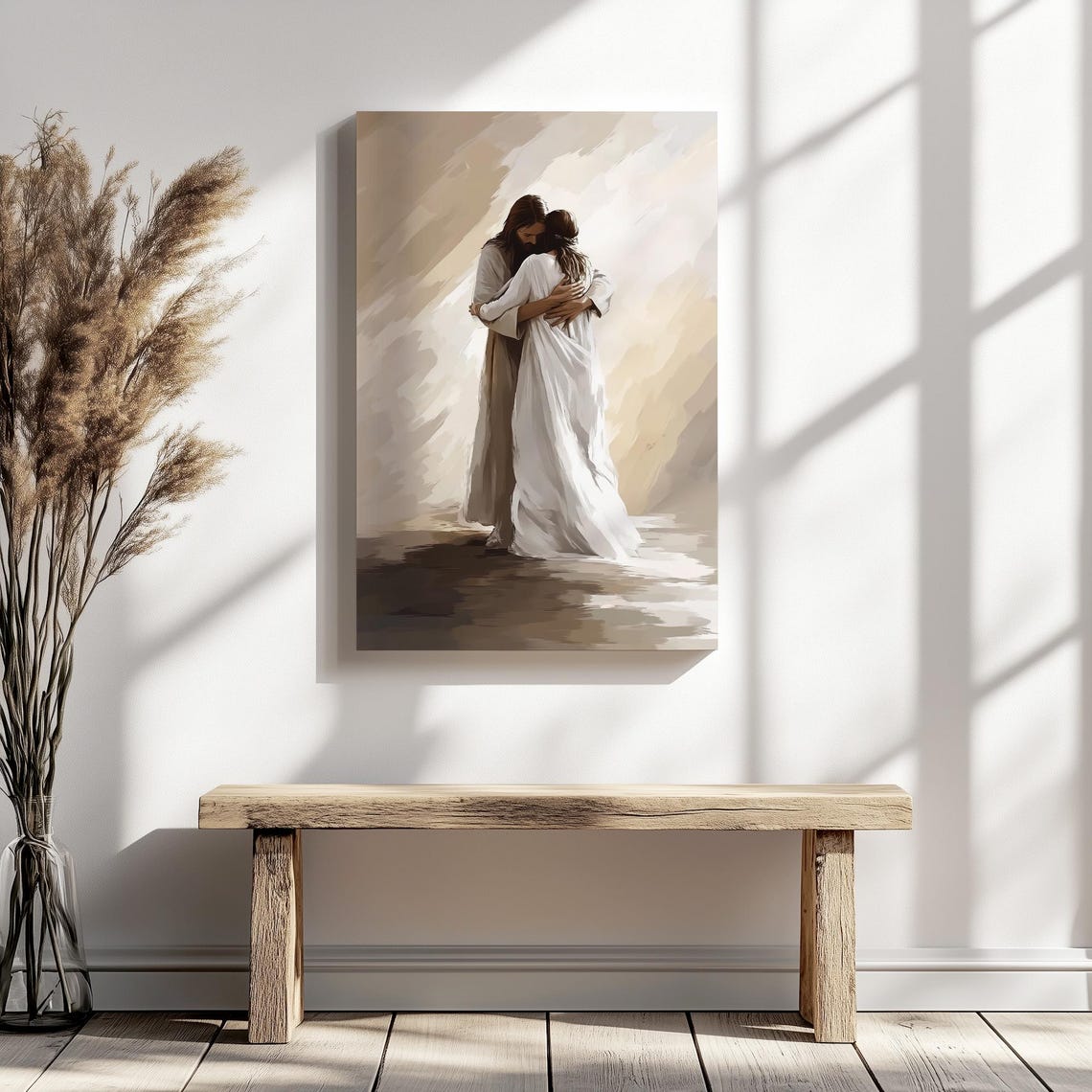 Jesus Embracing Woman In Soft Beige Watercolor Brushwork Poster - Image 5
