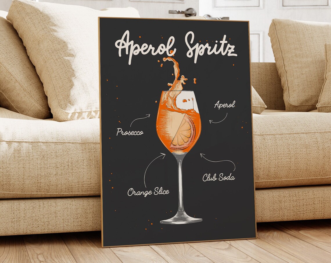 Aperol Spritz Cocktail Recipe Glass Illustration Black Kitchen Poster - Image 2
