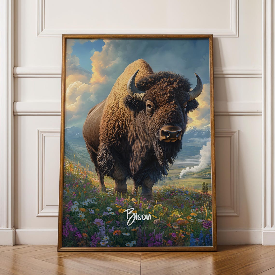 Bison Yellowstone Wildflower Meadow Wildlife Portrait Poster