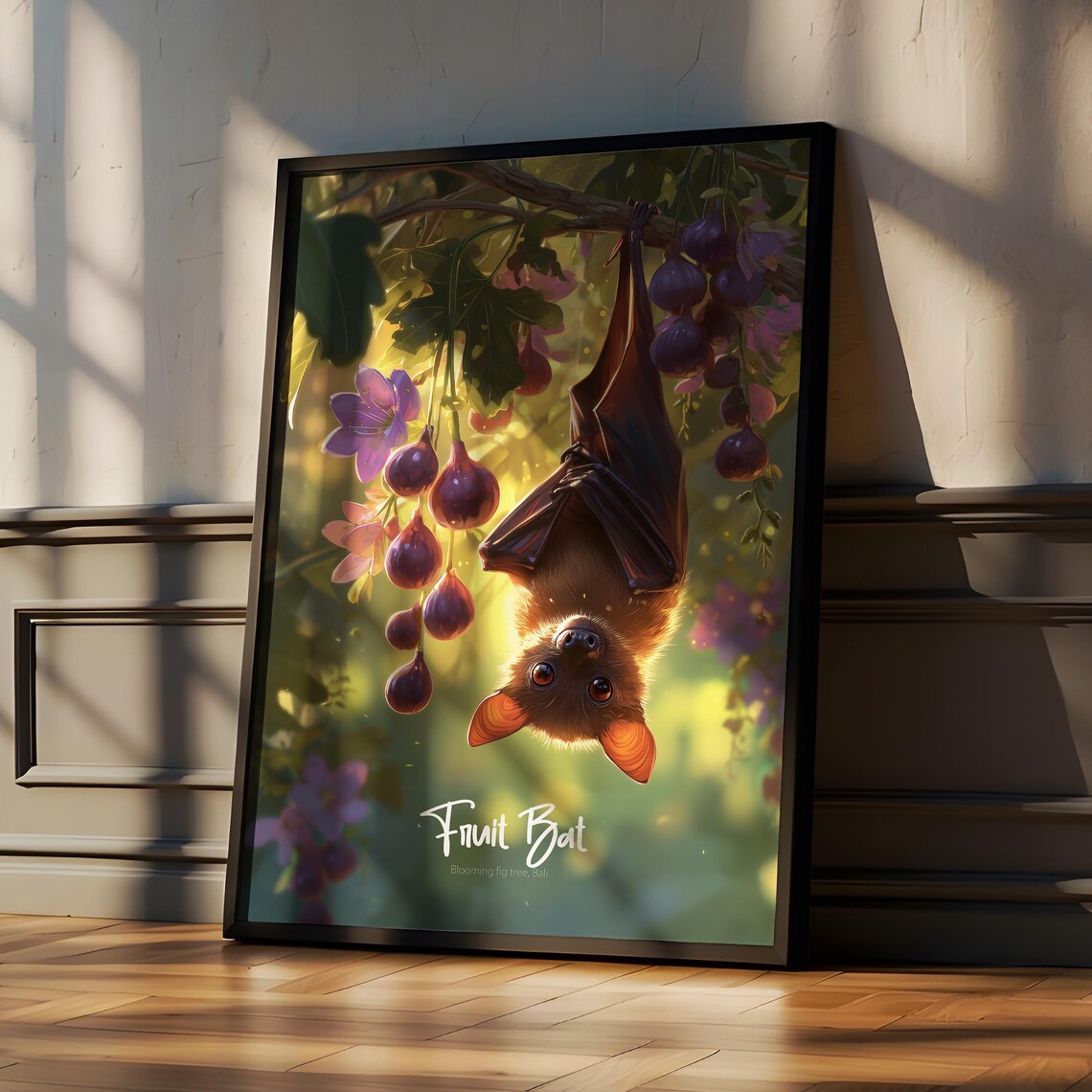 Whimsical Fruit Bat Hanging in a Fig Tree Kids Room Art Print