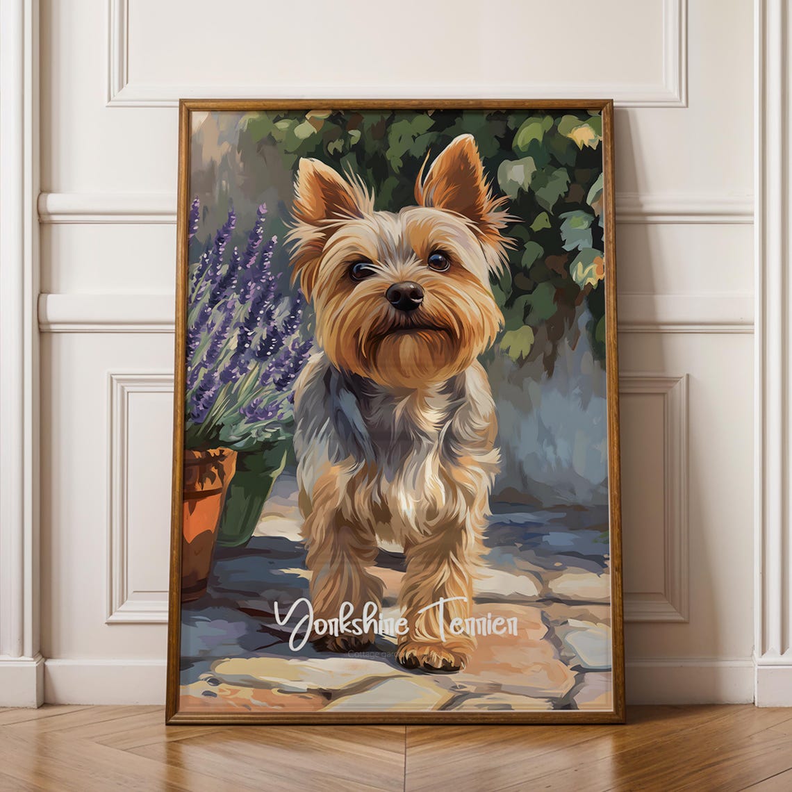 Yorkshire Terrier Puppy with Lavender Cute Dog Portrait Poster