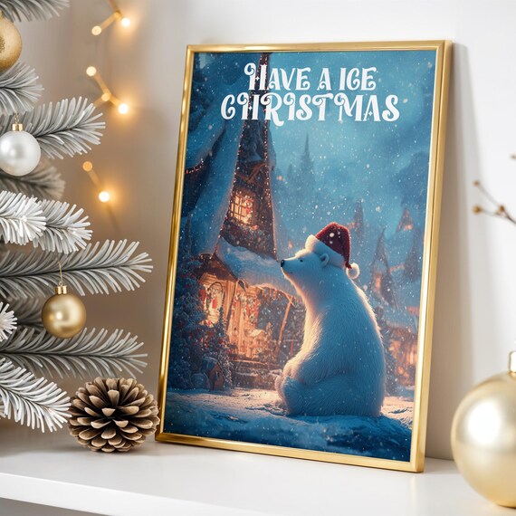 Polar Bear in Santa Hat Snowy Christmas Village Cozy Holiday Poster