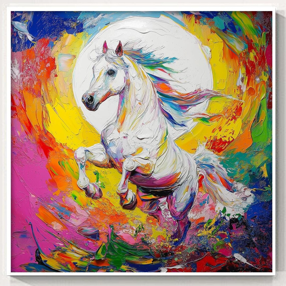White Horse Rainbow Burst Moon Impasto Abstract Animal Art Poster