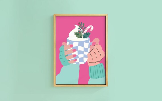 Two Hands Holding Checkerboard Cocoa Mug Candy Cane Pink Poster
