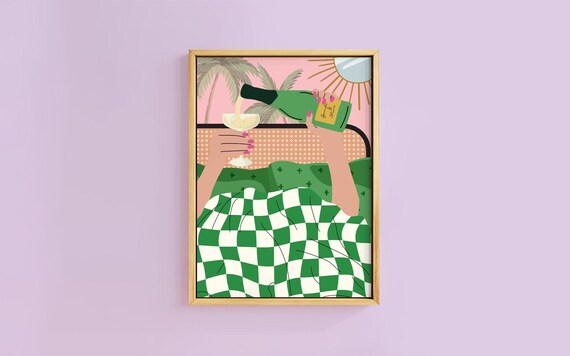Champagne In Bed Retro Illustration Checkerboard Bed Wall Art