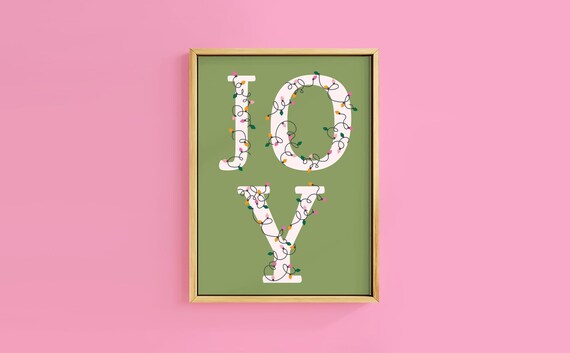 JOY Fairy Lights Christmas Lettering on Sage Green Art Print
