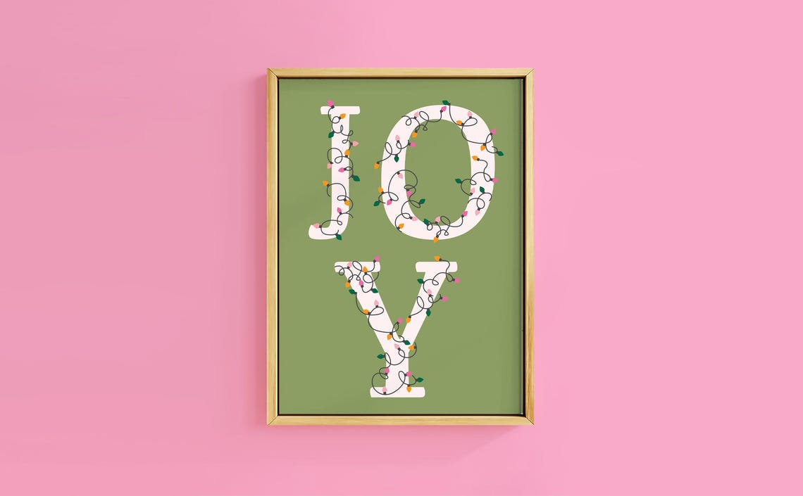 JOY Fairy Lights Christmas Lettering on Sage Green Art Print