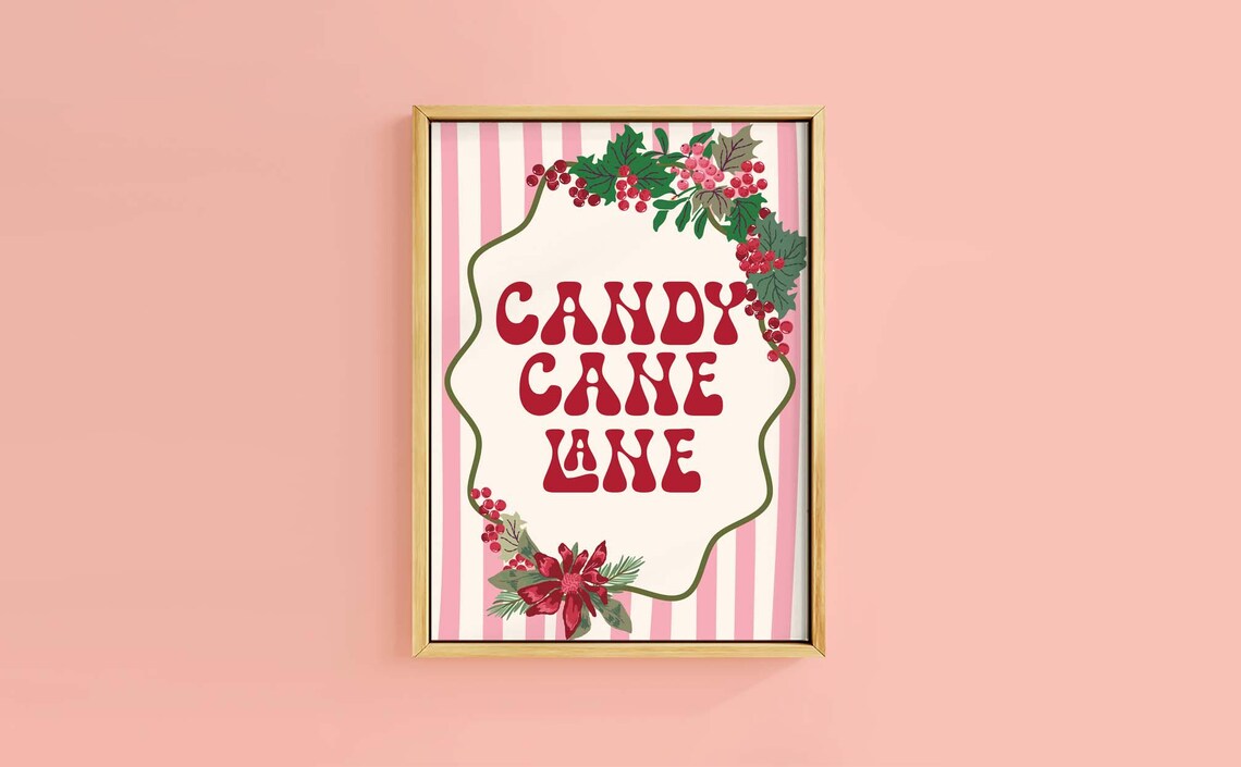 Sweet Candy Cane Lane Red Retro Lettering Holly Pink Stripe Poster