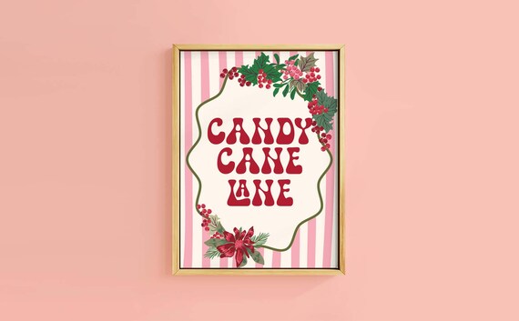 Sweet Candy Cane Lane Red Retro Lettering Holly Pink Stripe Poster