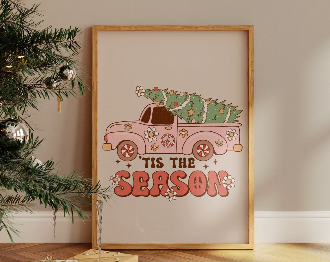 Tis the Season Pink Truck Groovy Retro Christmas Holiday Poster