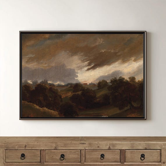 Vintage Moody Landscape Painting Scenic Hillside And Stormy Sky Art Antique Wall Art