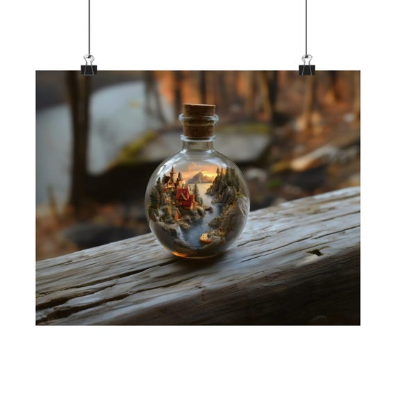 World In A Bottle Poster Print Evening Landscape Modern Painting Fantasy Nature Rustic Bright Wall Print Airbnb Art Wall Decor