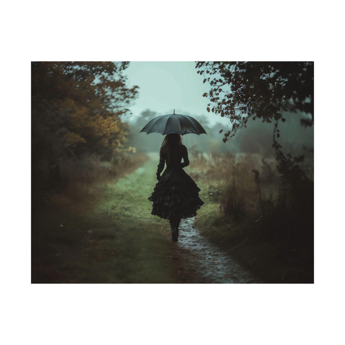 Elegant Gothic Woman with Umbrella on Misty Country Path Poster - Image 3