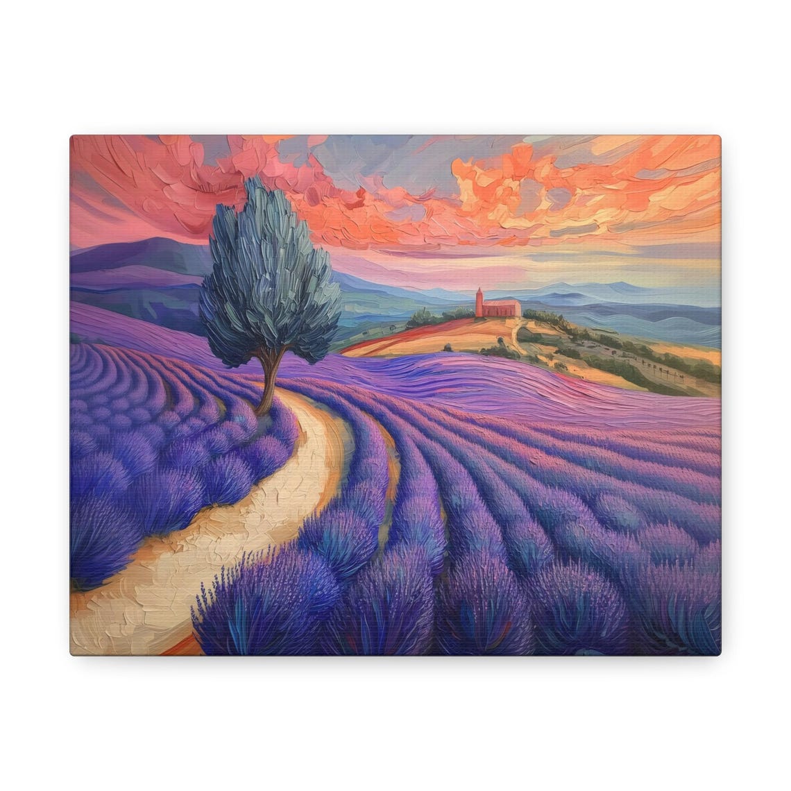Lavender Rows Curving Around a Lone Tree Under a Rosy Sunset Poster - Image 3