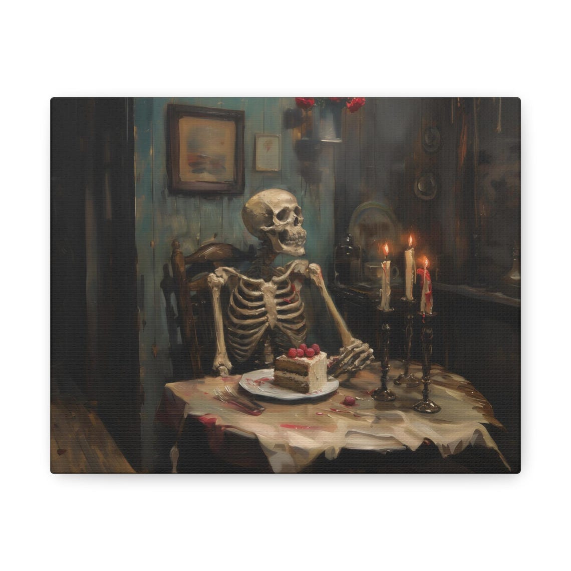 Spooky Skeleton Dining with Cake by Candlelight Gothic Art Poster - Image 3